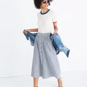 Madewell Palisade Button-Front Midi Skirt in Chambray Stripe